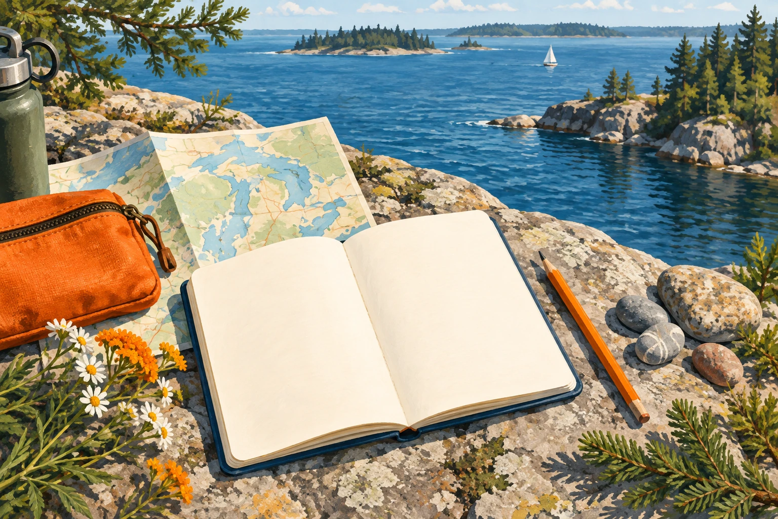 Illustrated notebook and planning materials beside a lake
