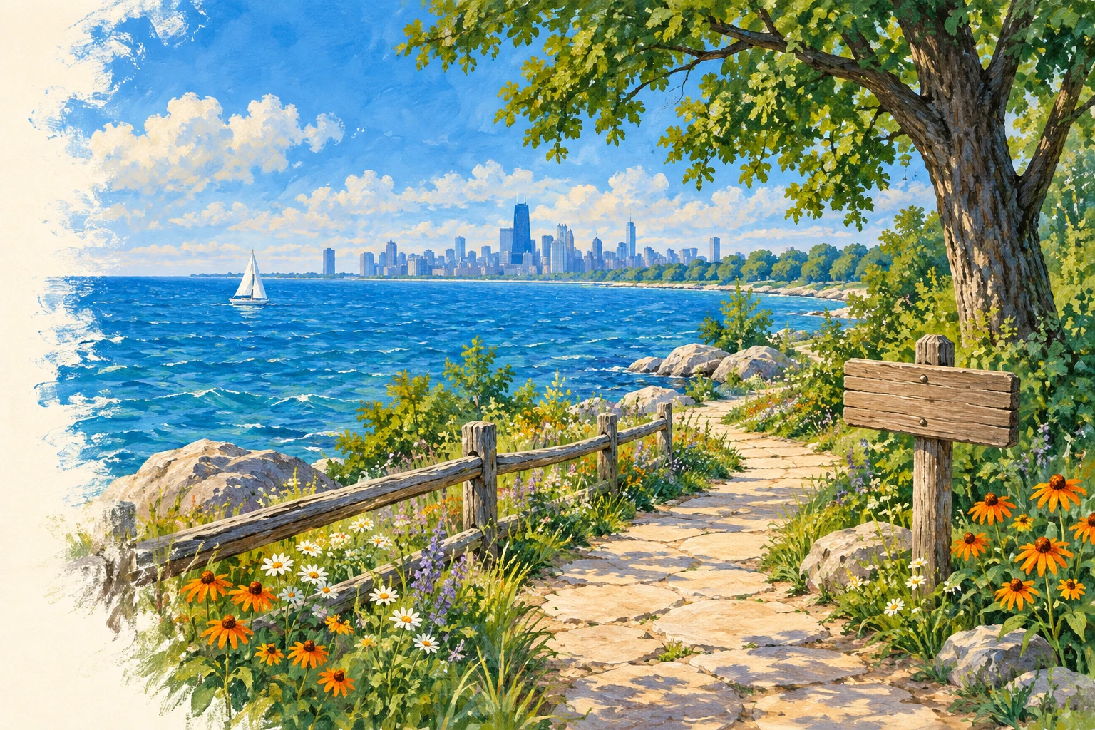 Painted trail along a blue Great Lakes shoreline
