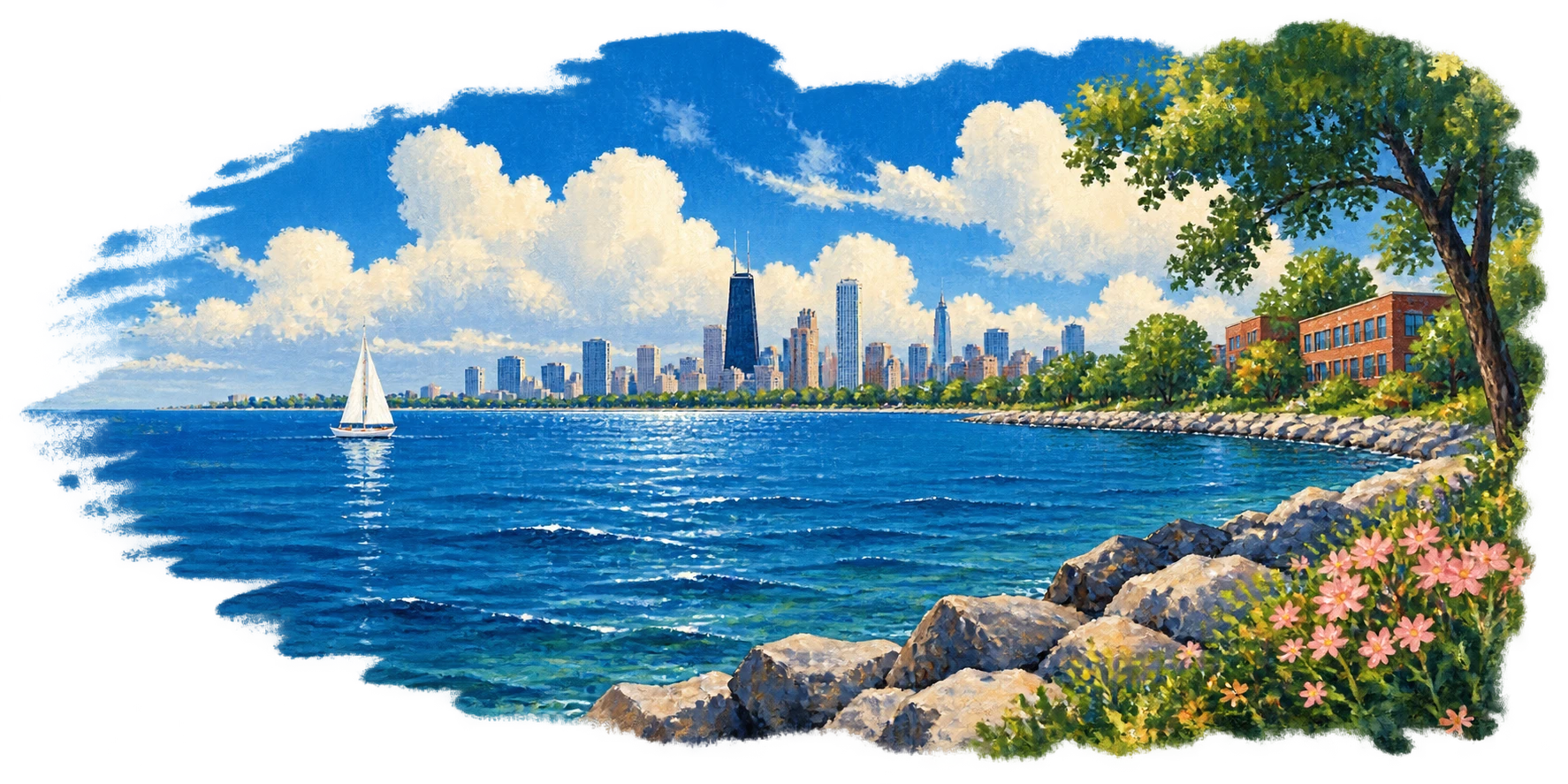 Painted Great Lakes riverfront with leafy trees and a blue sky