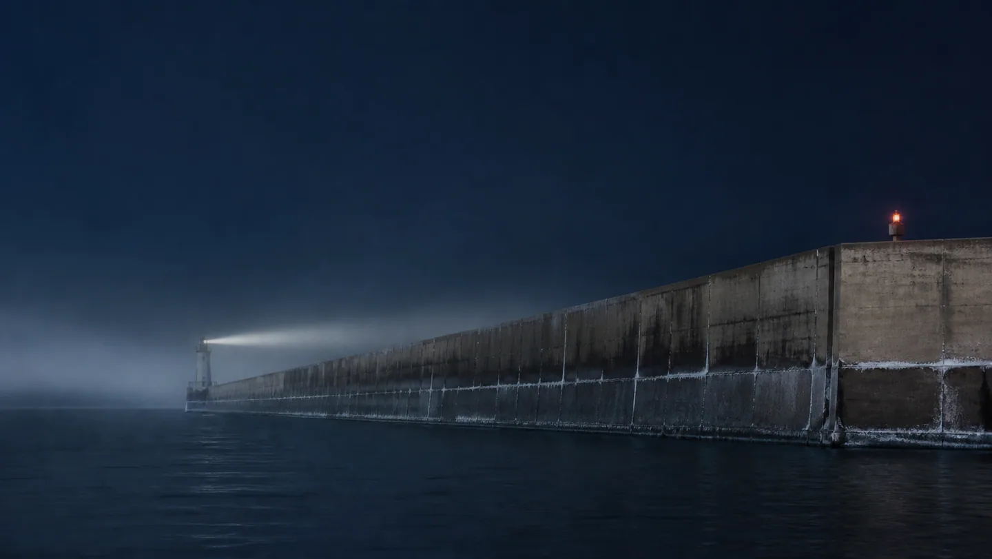 Concrete Great Lakes breakwater at dusk with a lighthouse beam crossing dark water.