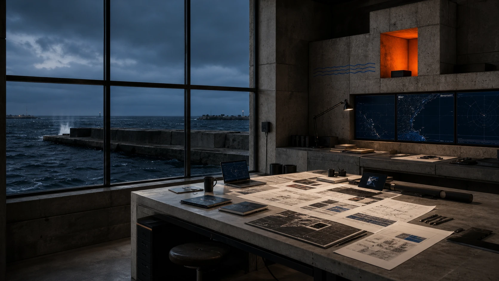Concrete Great Lakes control-room studio with systems maps, laptops, dark water, and a signal-orange architectural aperture.