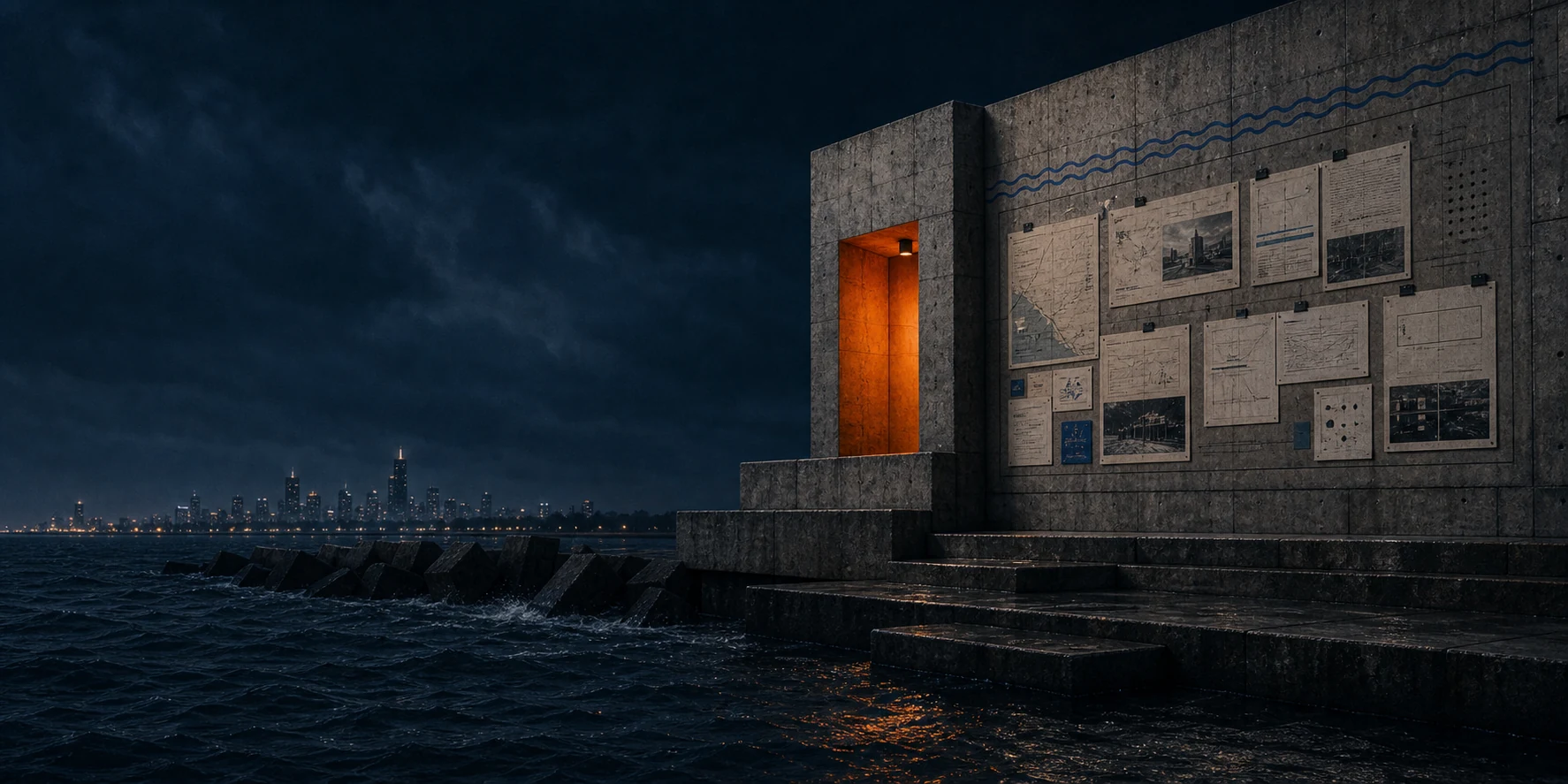 Concrete case-study archive wall built into a Great Lakes breakwater with clipped project sheets, blue waterline markings, and a signal-orange light well.