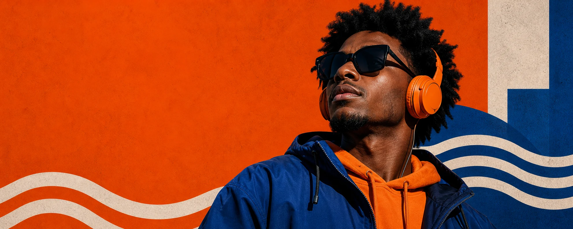 Person wearing orange headphones against orange and blue campaign graphics.