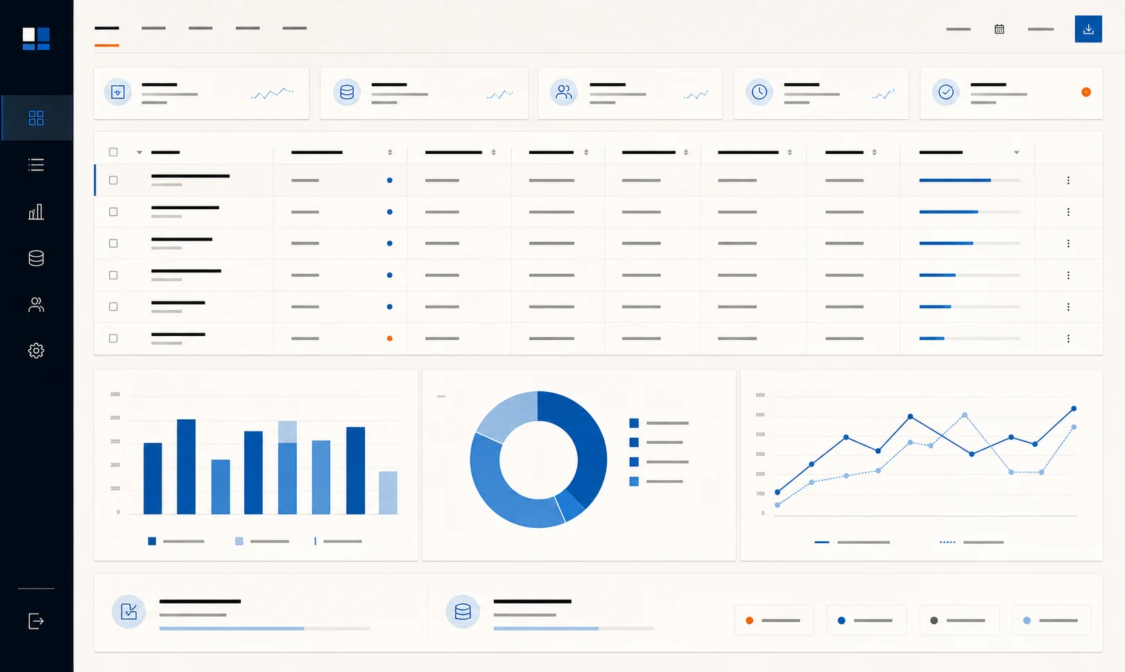 Operations dashboard with tables and blue charts.