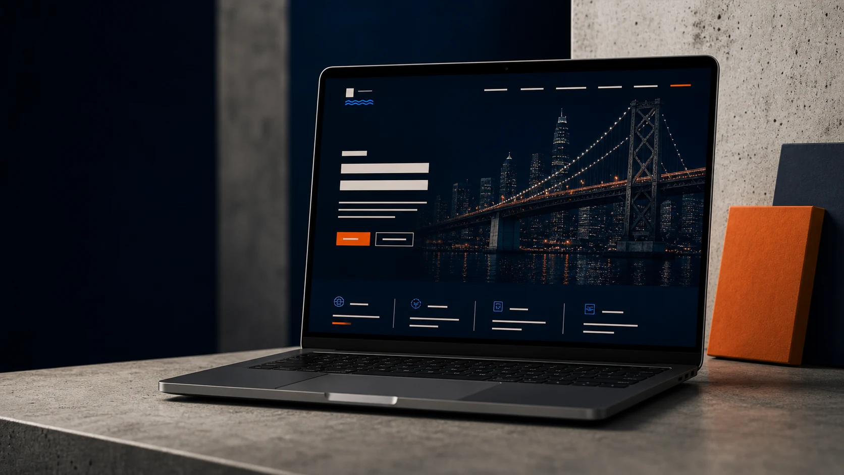 Laptop showing a dark infrastructure website interface.