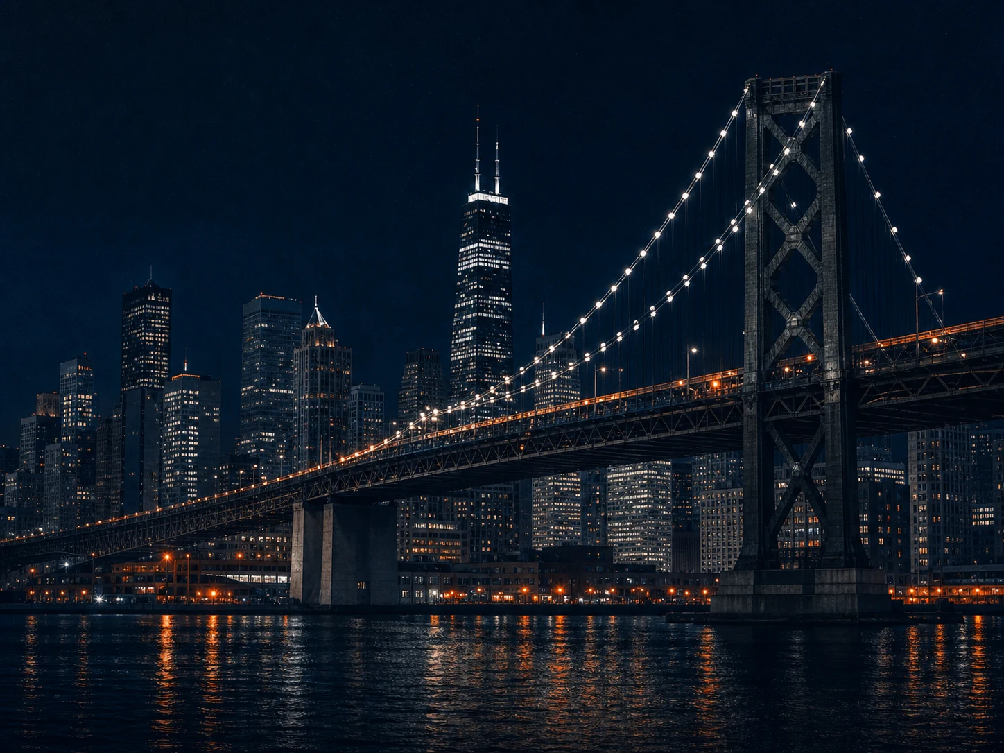 Night city skyline and suspension bridge.