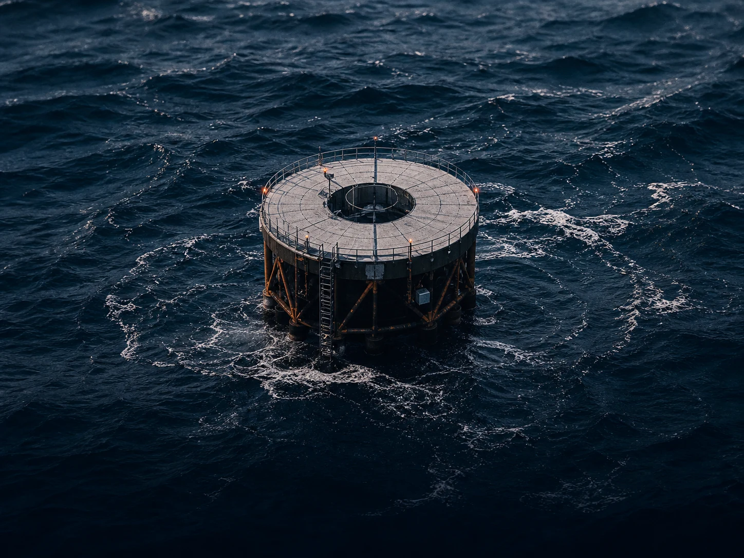Circular offshore platform surrounded by dark waves.