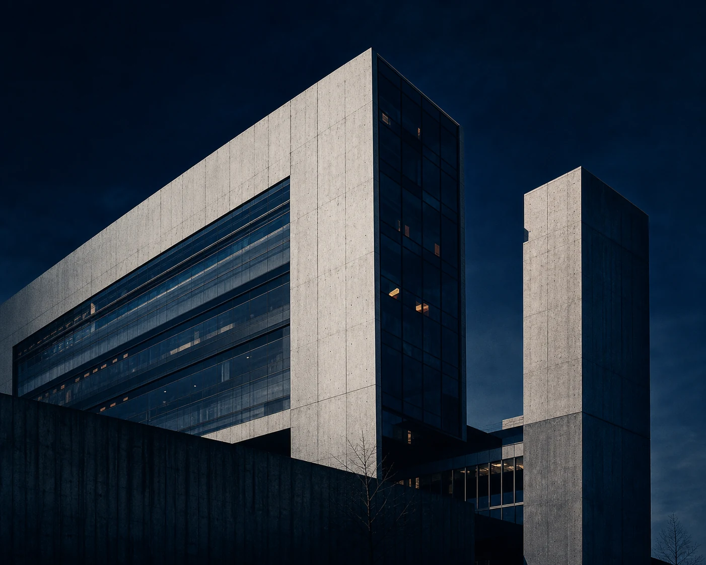 Angular concrete and glass building at dusk.