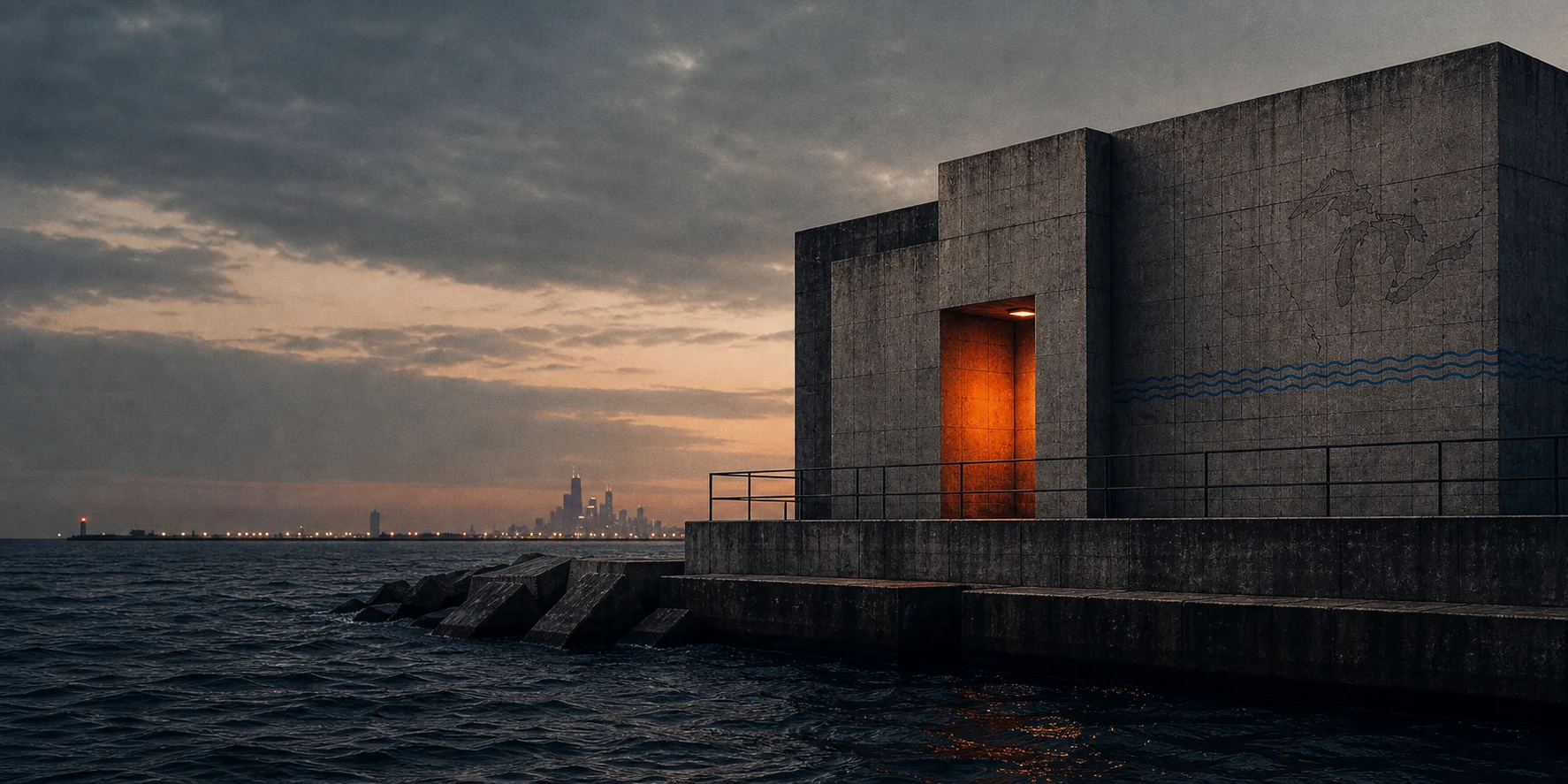 Concrete data-vault structure embedded in a Great Lakes breakwater with etched Great Lakes map lines and a signal-orange aperture.