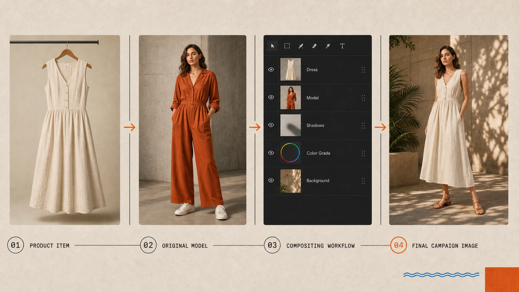 Four-column image generation workflow showing product, model, compositing UI, and final campaign image.