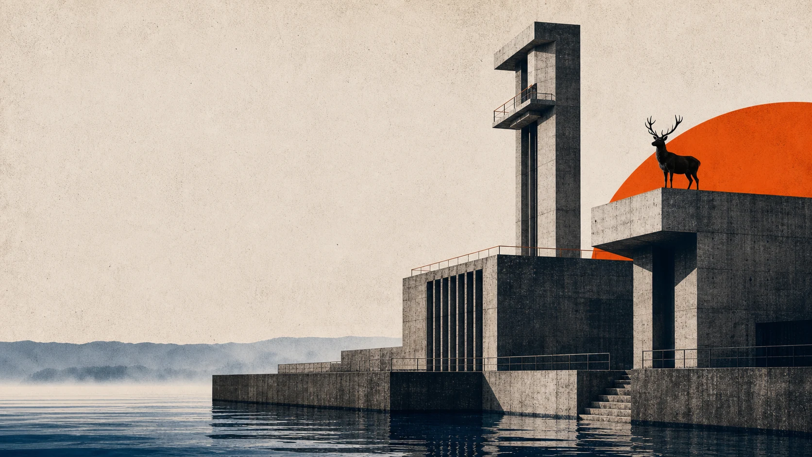 Concrete Great Lakes service tower with a stag standing before an orange sun arc over dark water.